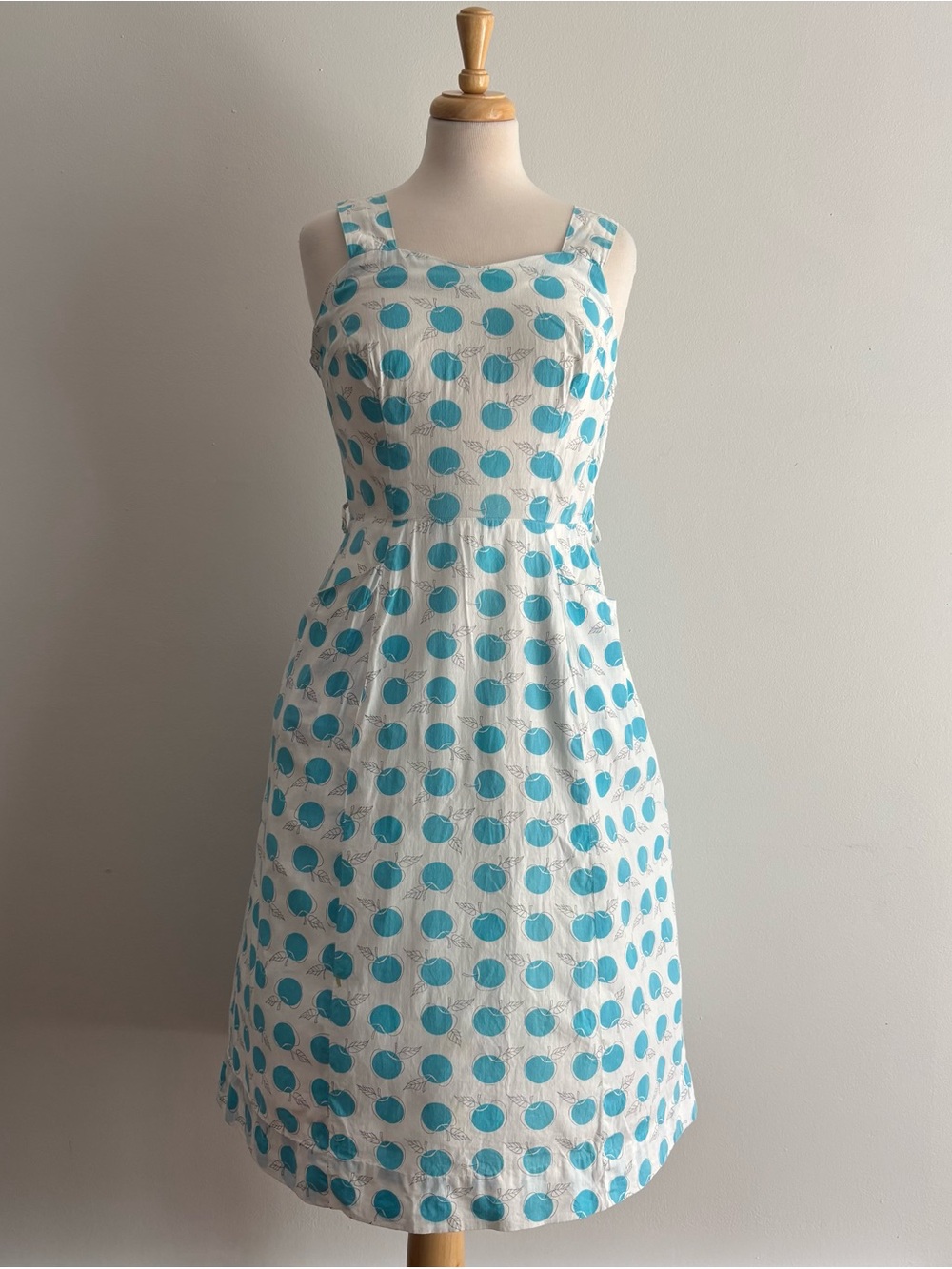 Vintage Early 1960s Blue Apple Print White Cotton Sundress / 28.5 waist